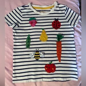 Mini Boden Navy Striped Tee with Colorful Fruit and Insect Patches